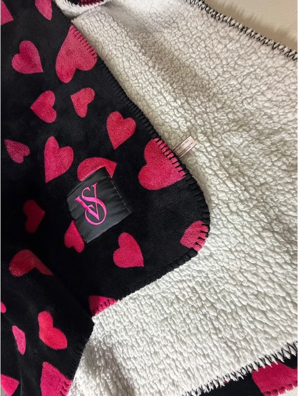 Victoria's Secret Sherpa Blanket 50x60 inches with Pink Heart Pattern